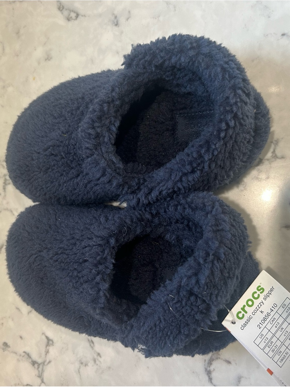CROCS Kids Plush Fuzzy Slip-On Slippers — Navy